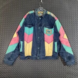 Vintage Major Damage Color Block Denim Jacket Quilted Lined 90s Hip Hop Mens XL